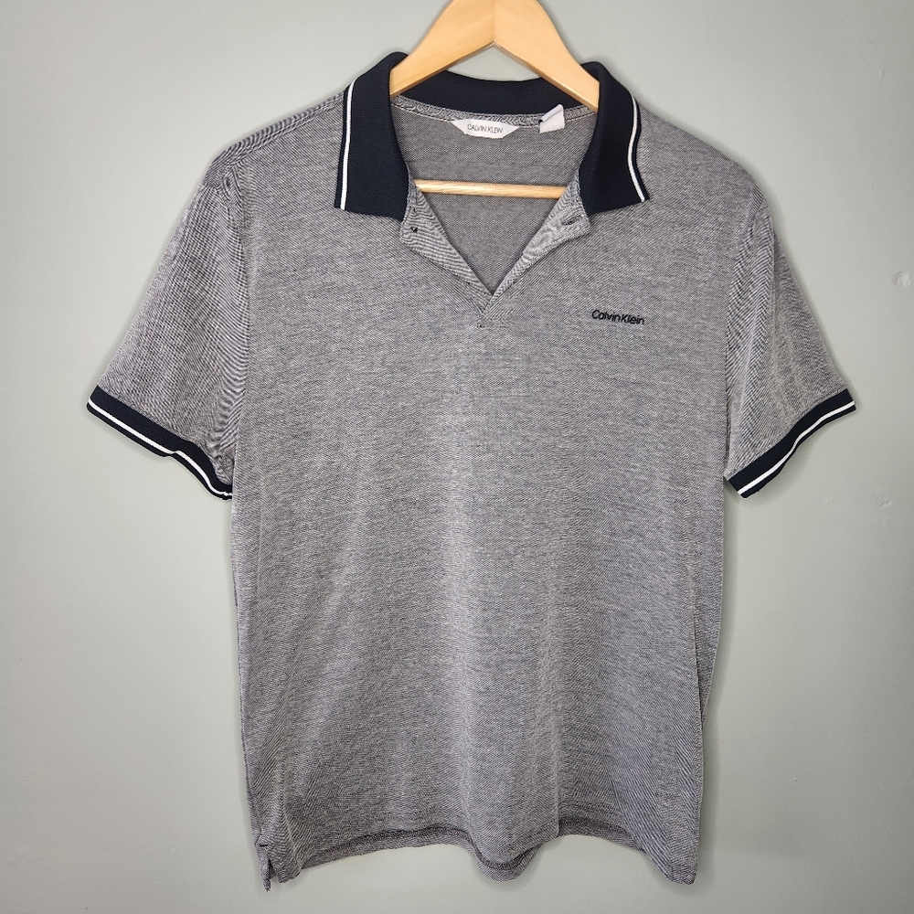 Calvin Klein Men's Short Sleeve Polo Shirt Gray Black Logo Sz M Cotton Poly EUC